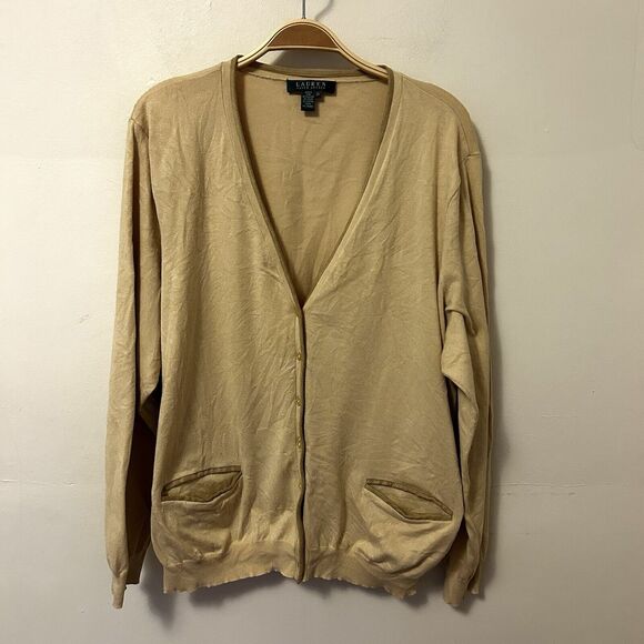 Lauren Ralph Lauren Cardigan Sweater Tan Silk Blend 3X Button Front Pockets - Picture 1 of 6